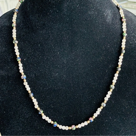 14k Gold Vintage Cloisonné & Pink Agate Beaded Necklace - Picture 3 of 6